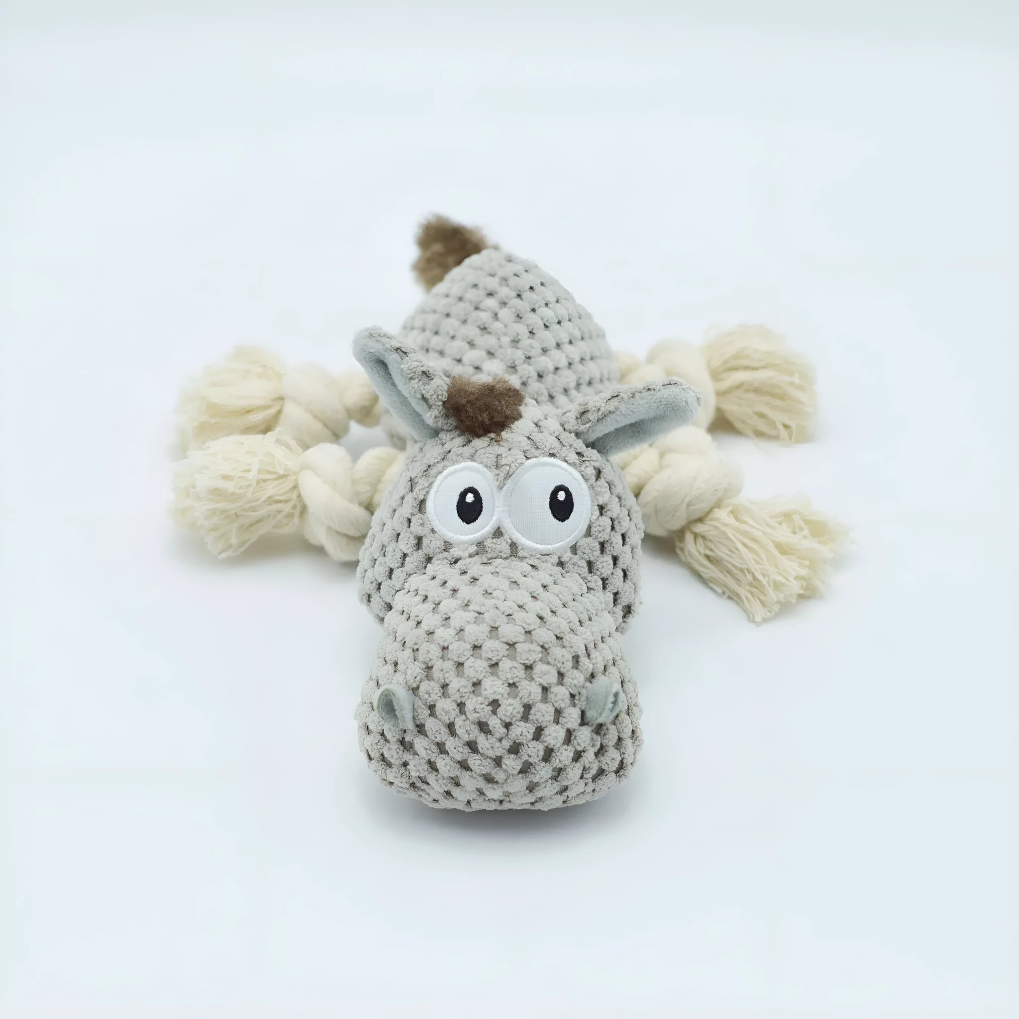 Grey donkey-shaped plush dog toy with squeaker and crinkle sound.