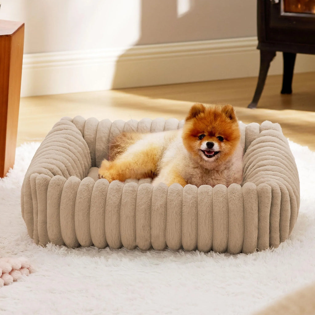Winter warm dog bed with raised edges and removable cushion cover in beige colour