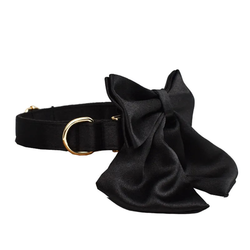 Dog collar and chest harness set with rope leash and decorative bow accessory in cloth fabric