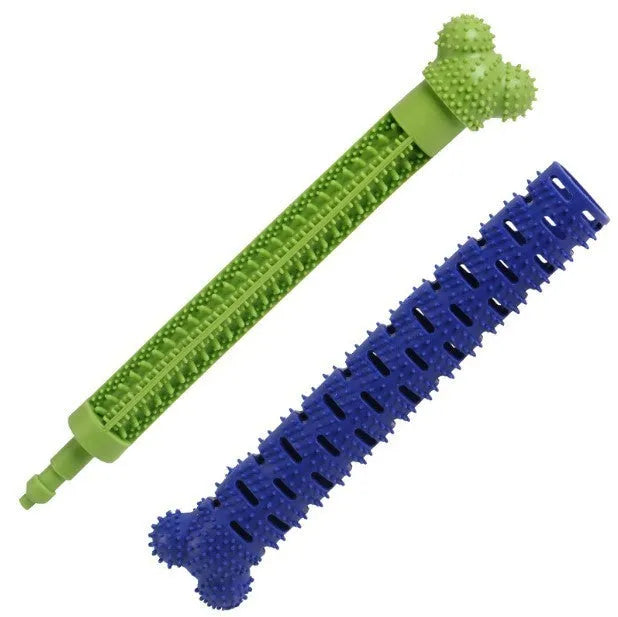 Blue and green silicone dog dental chew toy with serrated brush head and massage nodules.