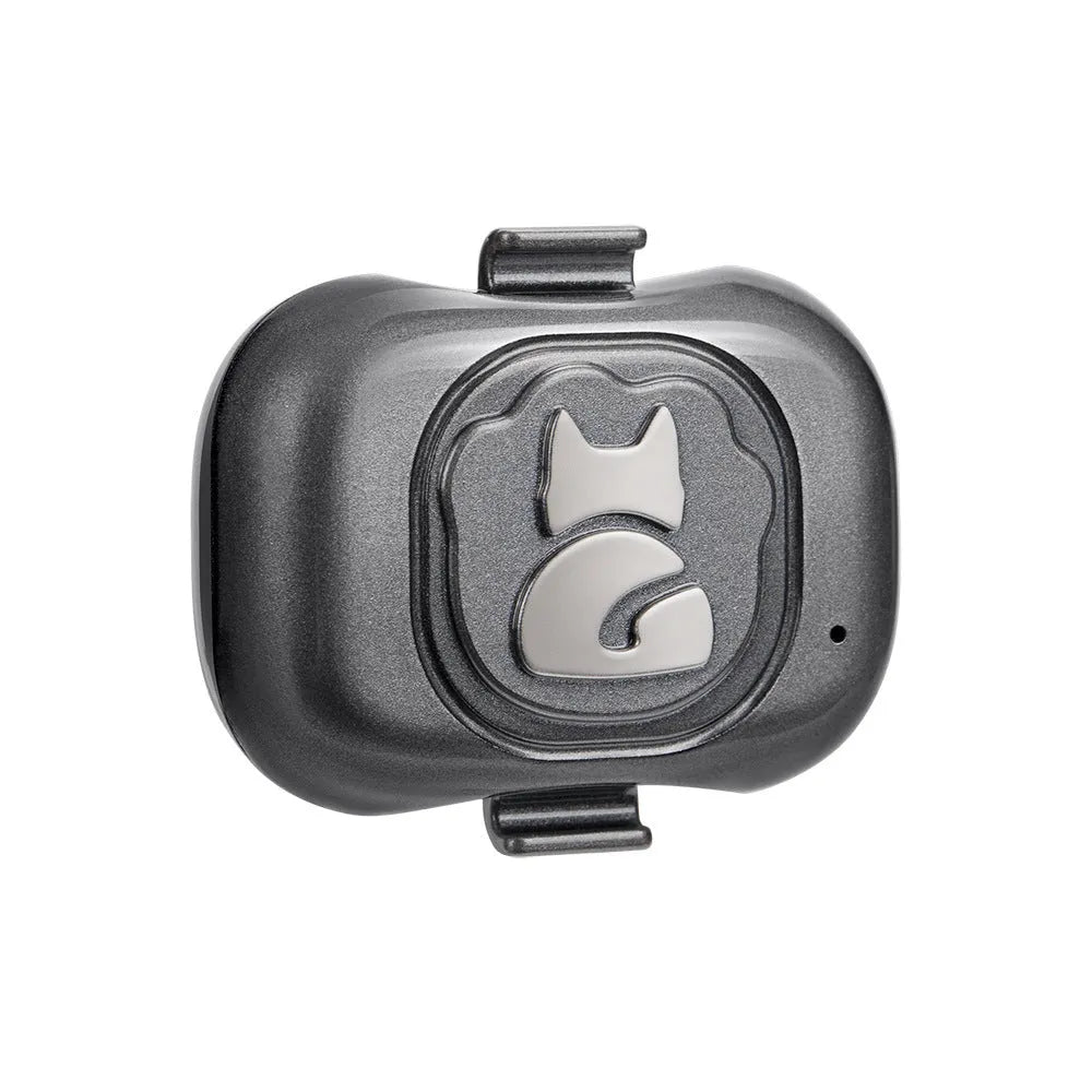 Black pet GPS tracker with hanging rope on a dog collar, showing compact ABS case.