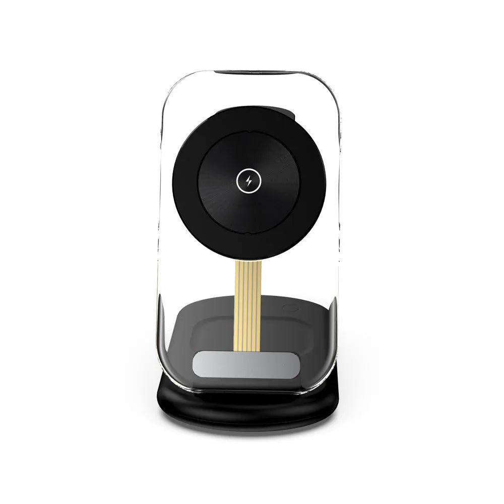 Transparent foldable magnetic wireless charger showing internal coils, unfolded on a table next to a smartphone.