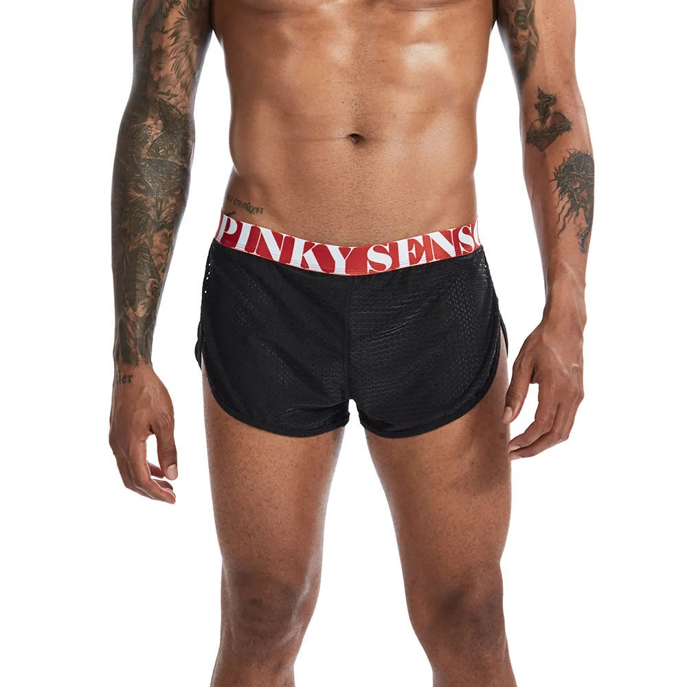 Mesh nylon men's boxer briefs in black, white, grey and wine red colours showing mid waist design