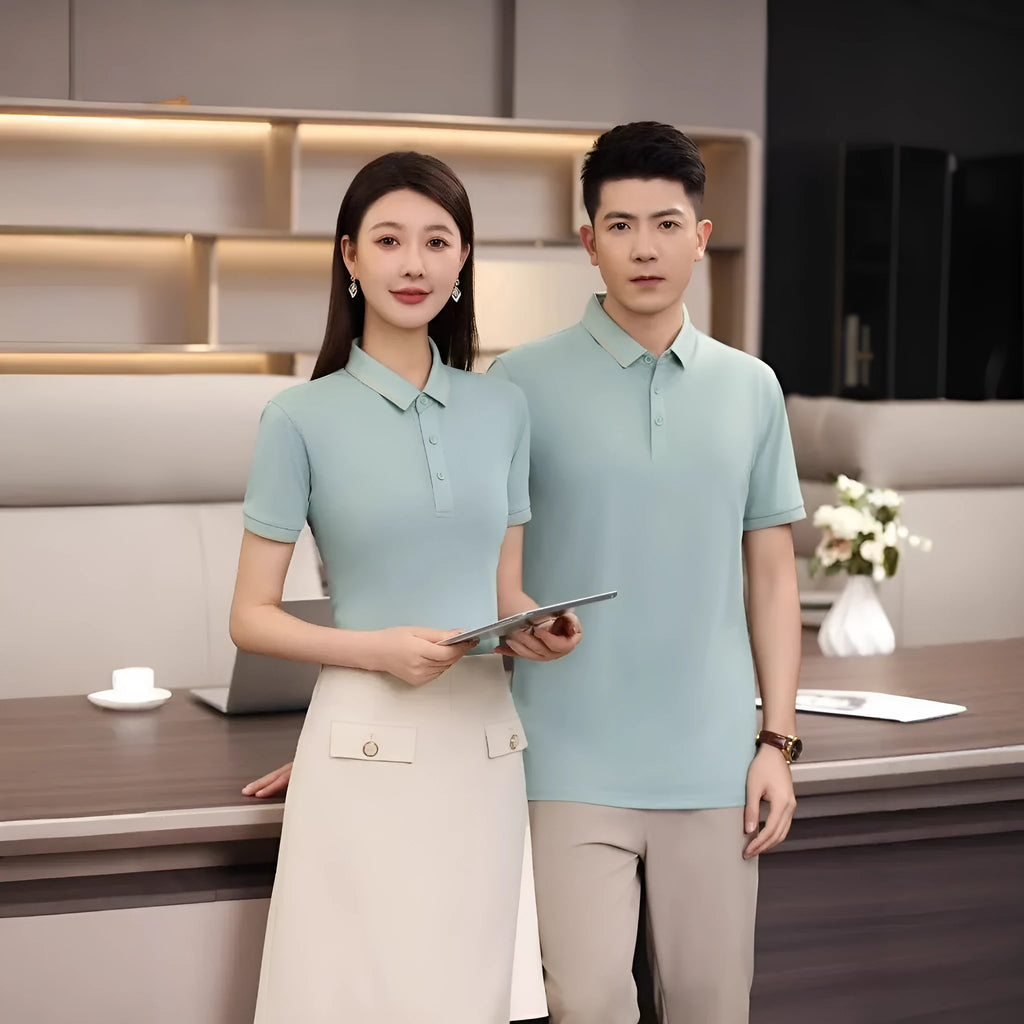 Men's loose-fit summer polo shirt in army green, short sleeves, on a hanger.
