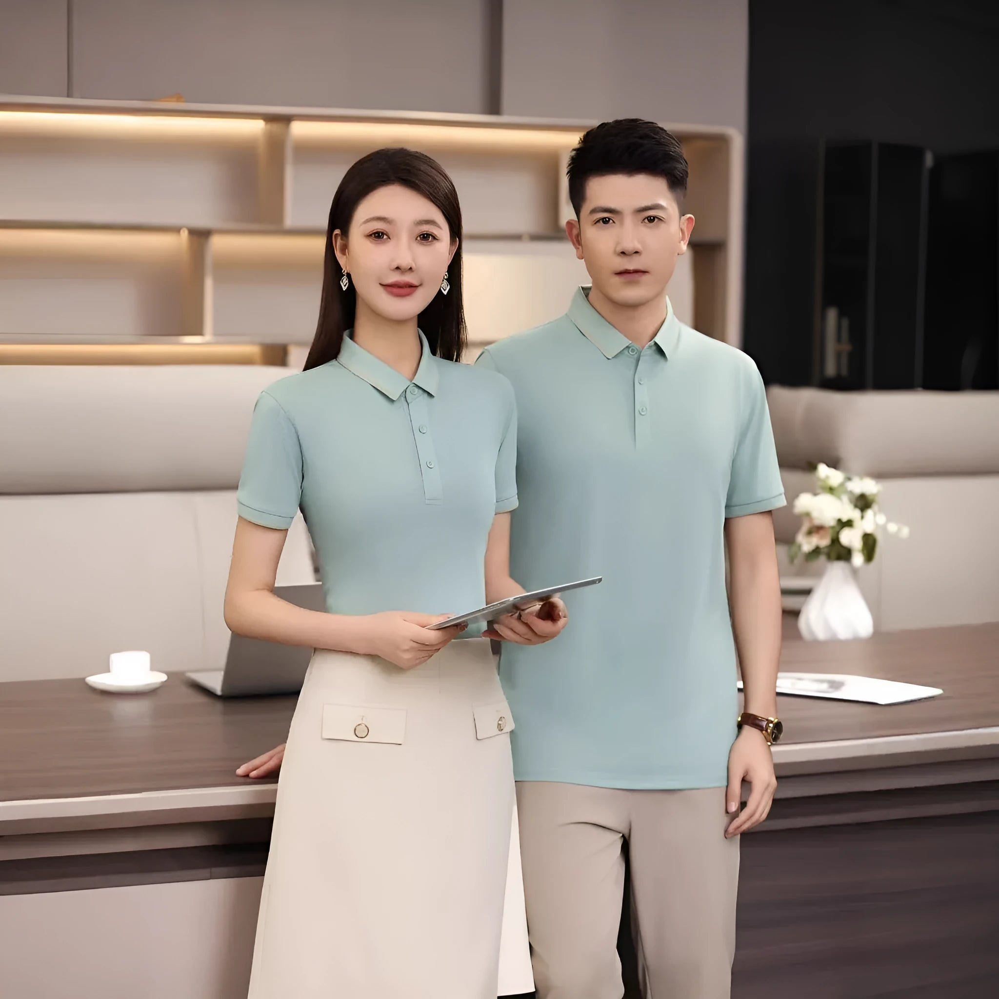 Men's loose-fit summer polo shirt in army green, short sleeves, on a hanger.