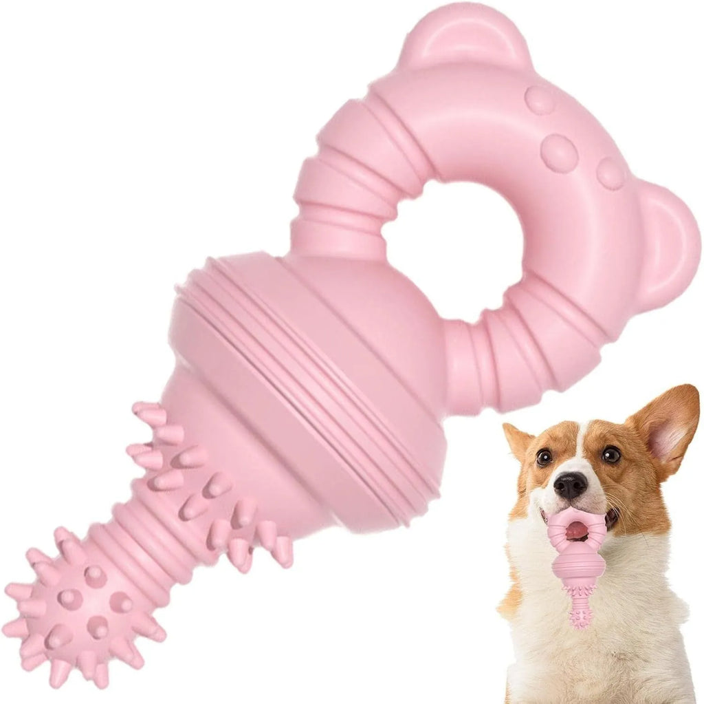 Blue green and pink rubber dog chew toy with textured surface and bell for aggressive chewers and large breeds.