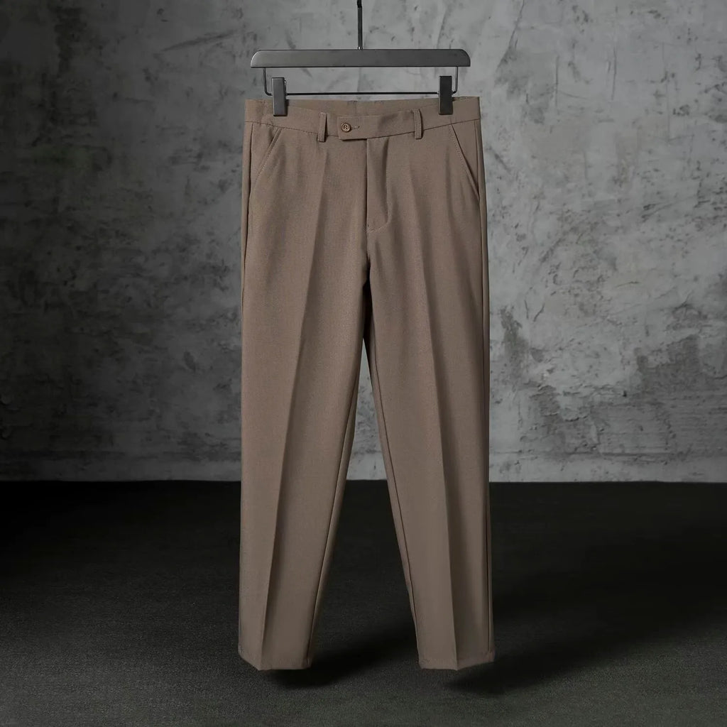 Men's straight leg suit trousers in polyester with brushed finish, light business style, nine colours, sizes 27 to 38.