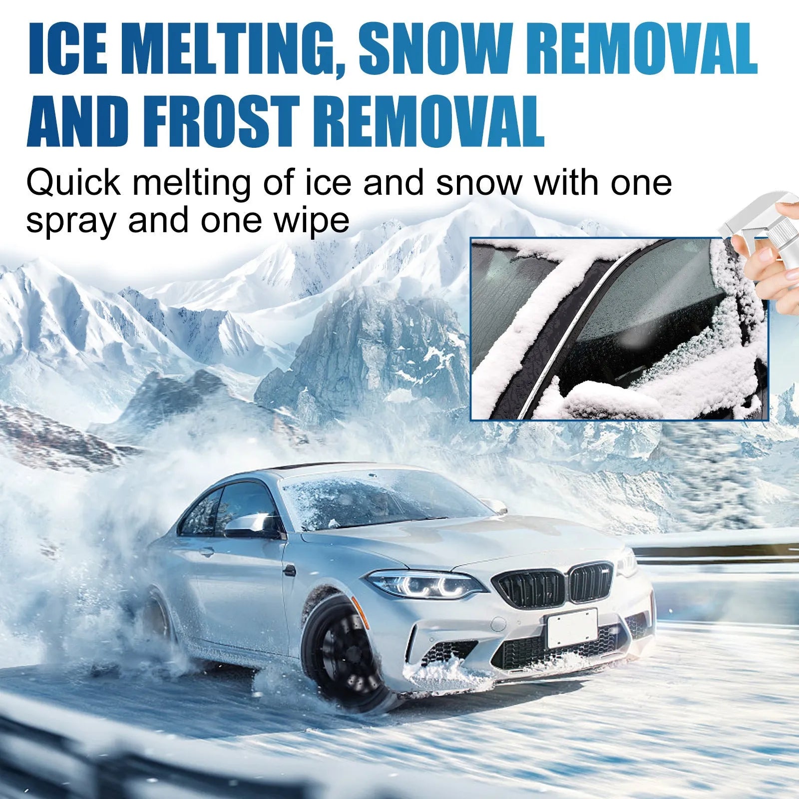 60ml bottle of car ice melting spray with attached cloth scraper on white background.