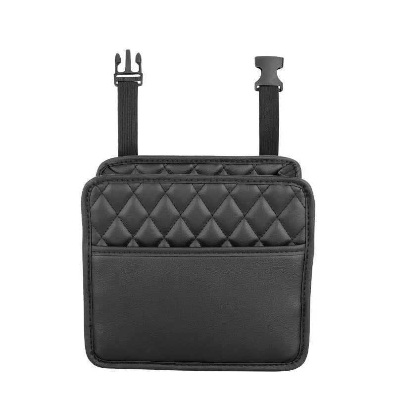 Leather car hanging storage bag in black, pink, green, or white, shown attached to a car seat.