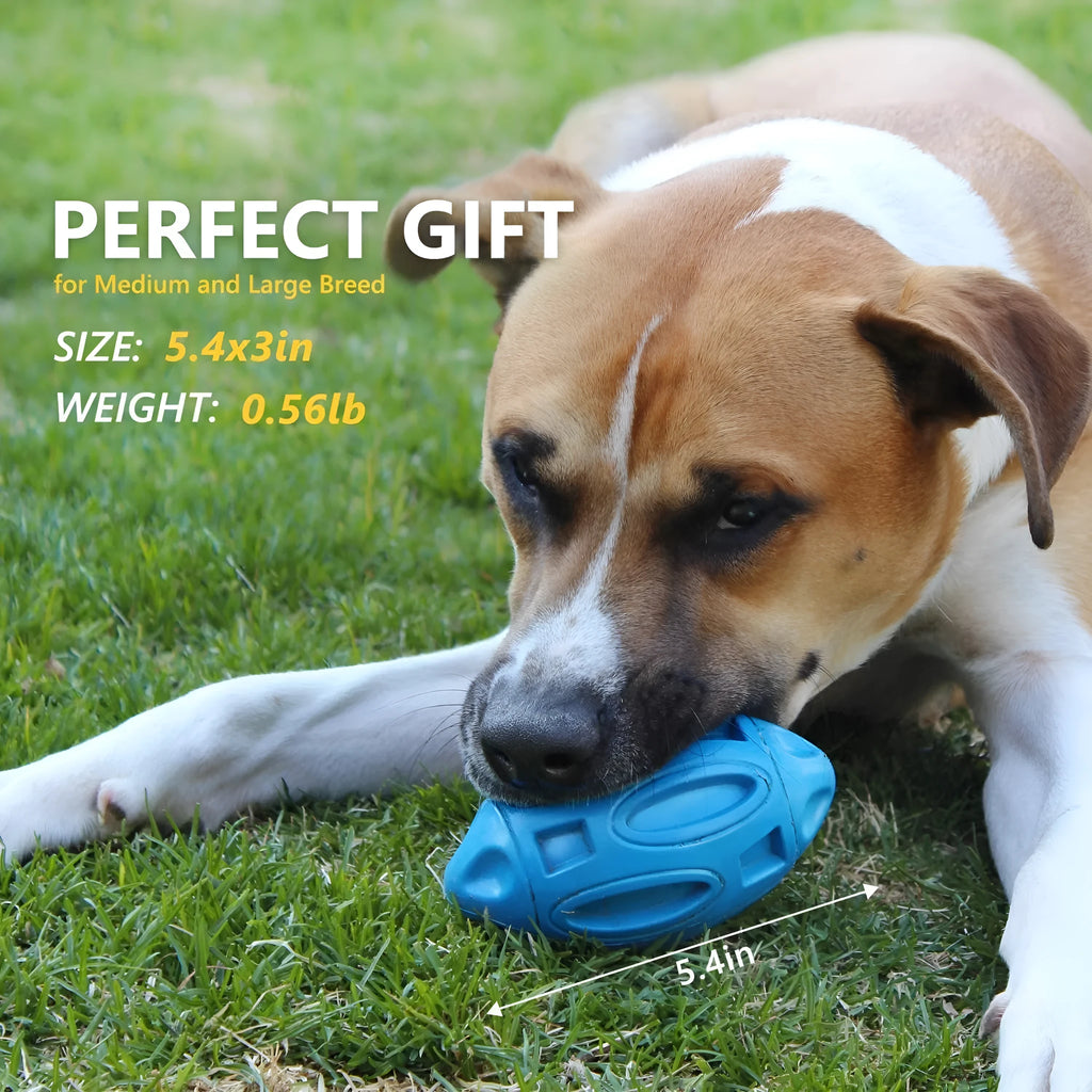 Natural latex rubber sounding rugby dog toy in sky blue with squeaker for fetch