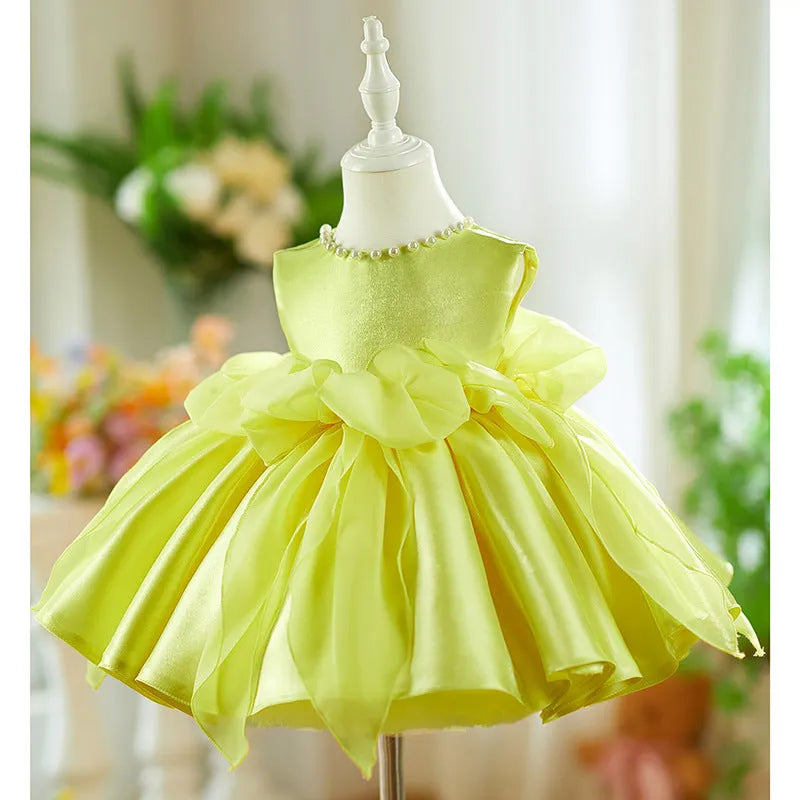 Yellow mixed satin pearl heavy industry pettiskirt baby birthday party dress with princess style
