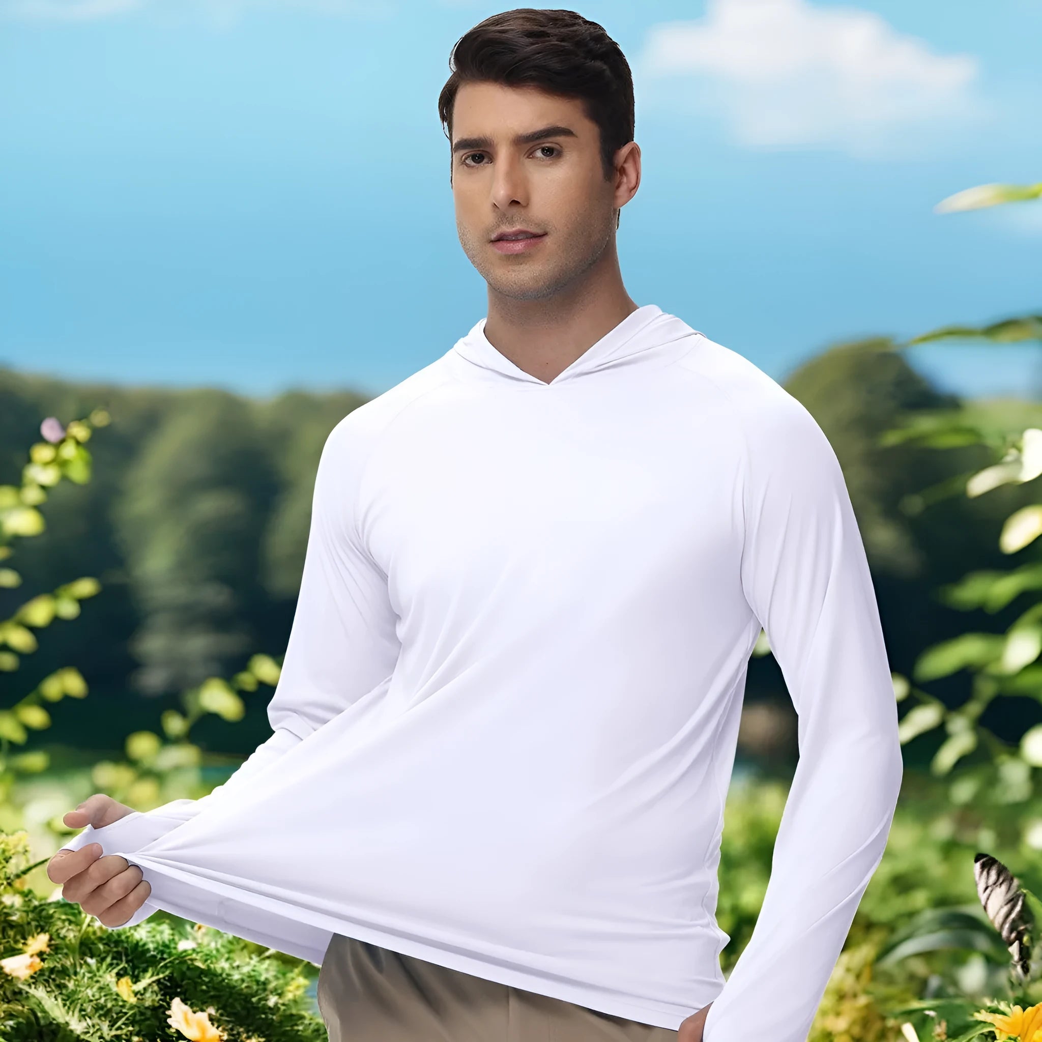 Thin polyester outdoor hooded top with long sleeves for fishing and hiking, shown in a solid colour.
