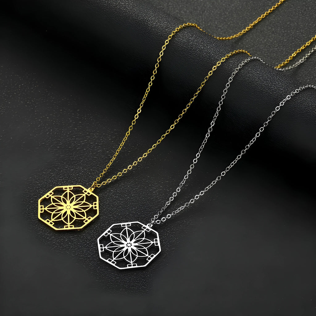 Mandala flower pendant necklace stainless steel gold colour electroplated finish