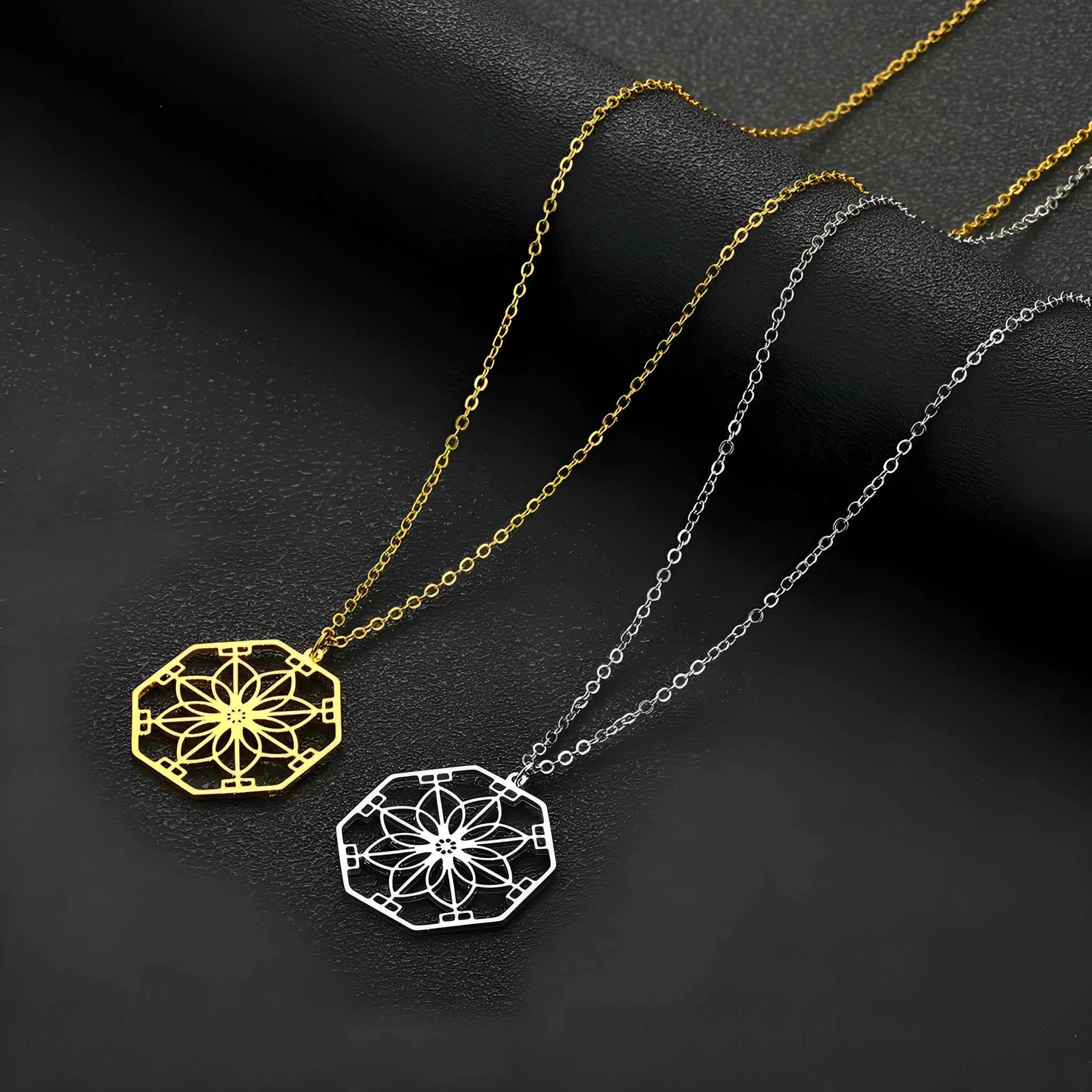 Mandala flower pendant necklace stainless steel gold colour electroplated finish
