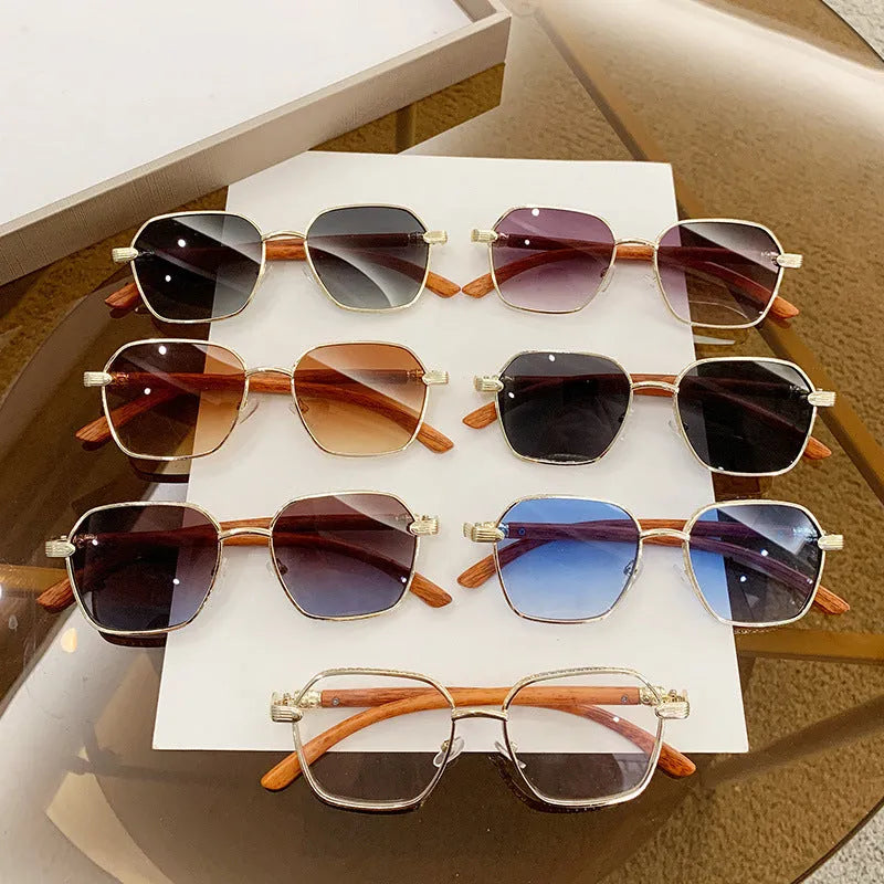 Gold frame frameless glasses with wood grain pattern and double blue lenses