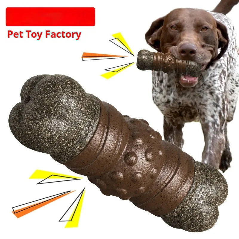 Wood colour plastic bone-shaped dog chew toy designed as a molar rod toothbrush.