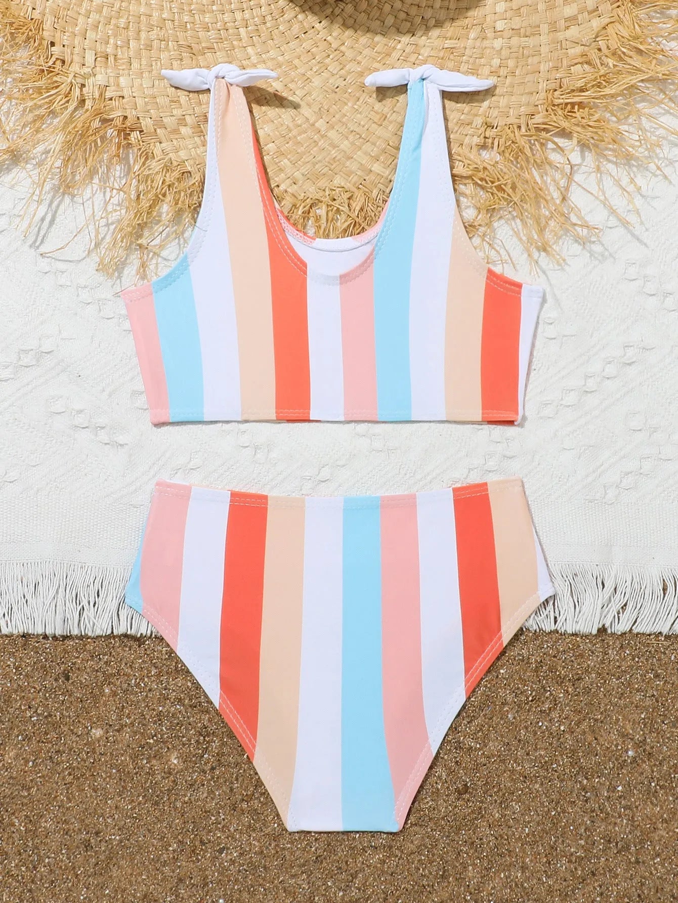 Girls' plaid print two-piece swimsuit briefs set with a bra top, made from polyester.