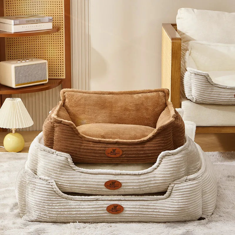 Coffee coloured removable cover dog and cat bed cushion showing raised edge, with S size 45x50cm dimensions