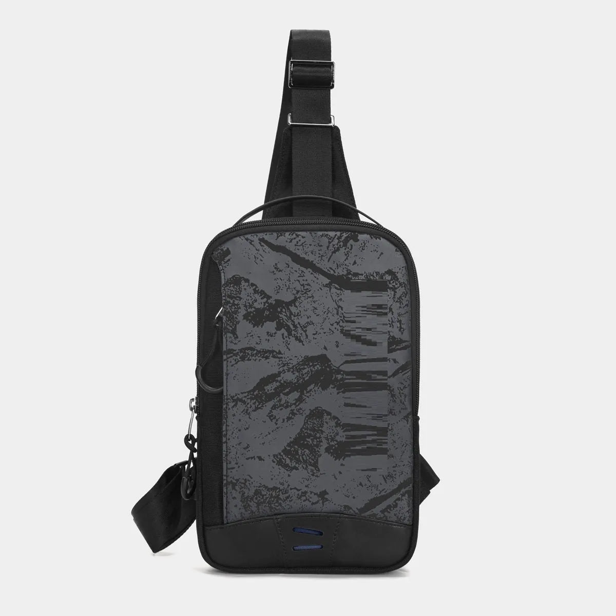 Casual black TPU camouflage chest bag with a single shoulder strap and soft handle, showing a square vertical shape and outer sandwich pocket.