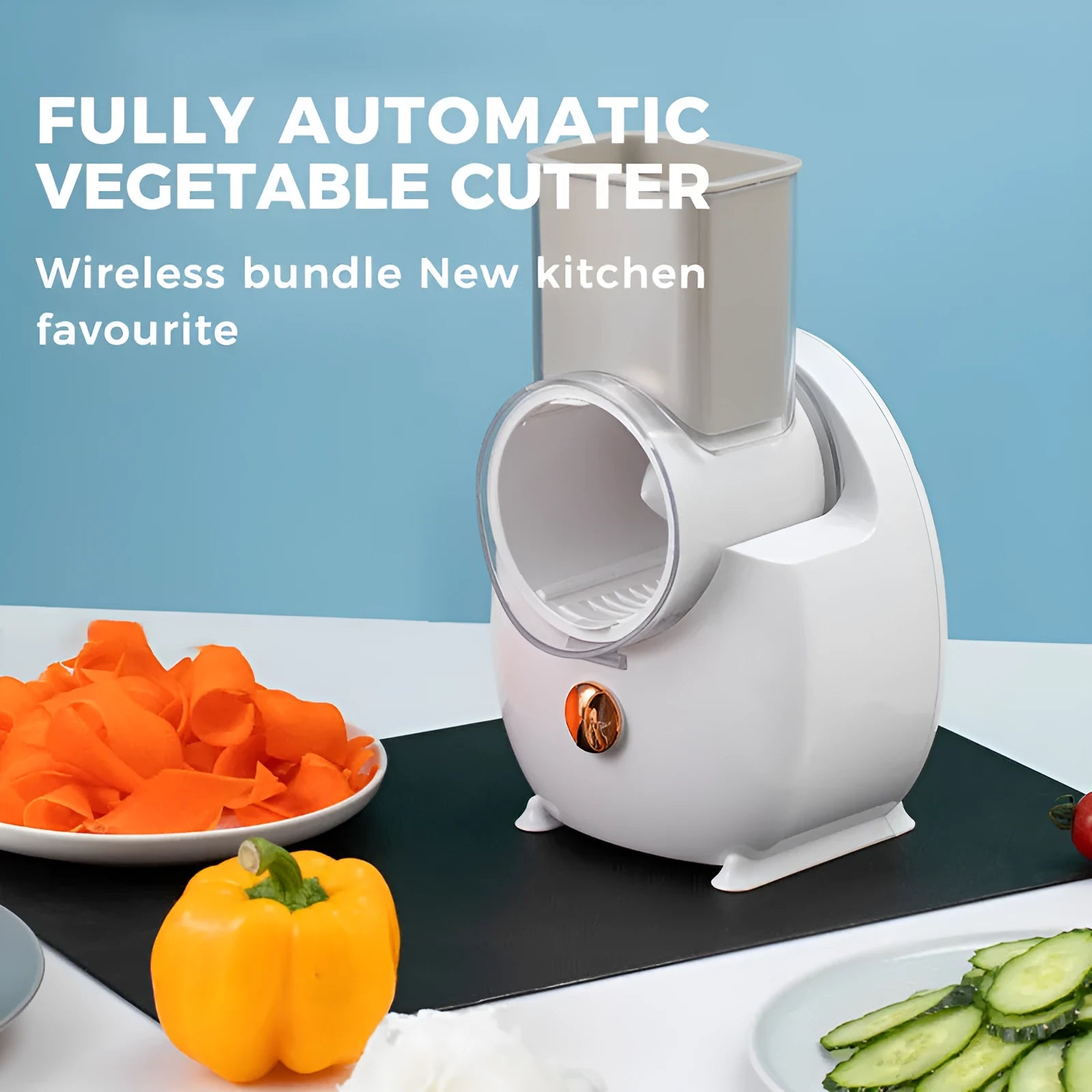 White electric vegetable slicer with suction base and rotary cutting mechanism for kitchen use