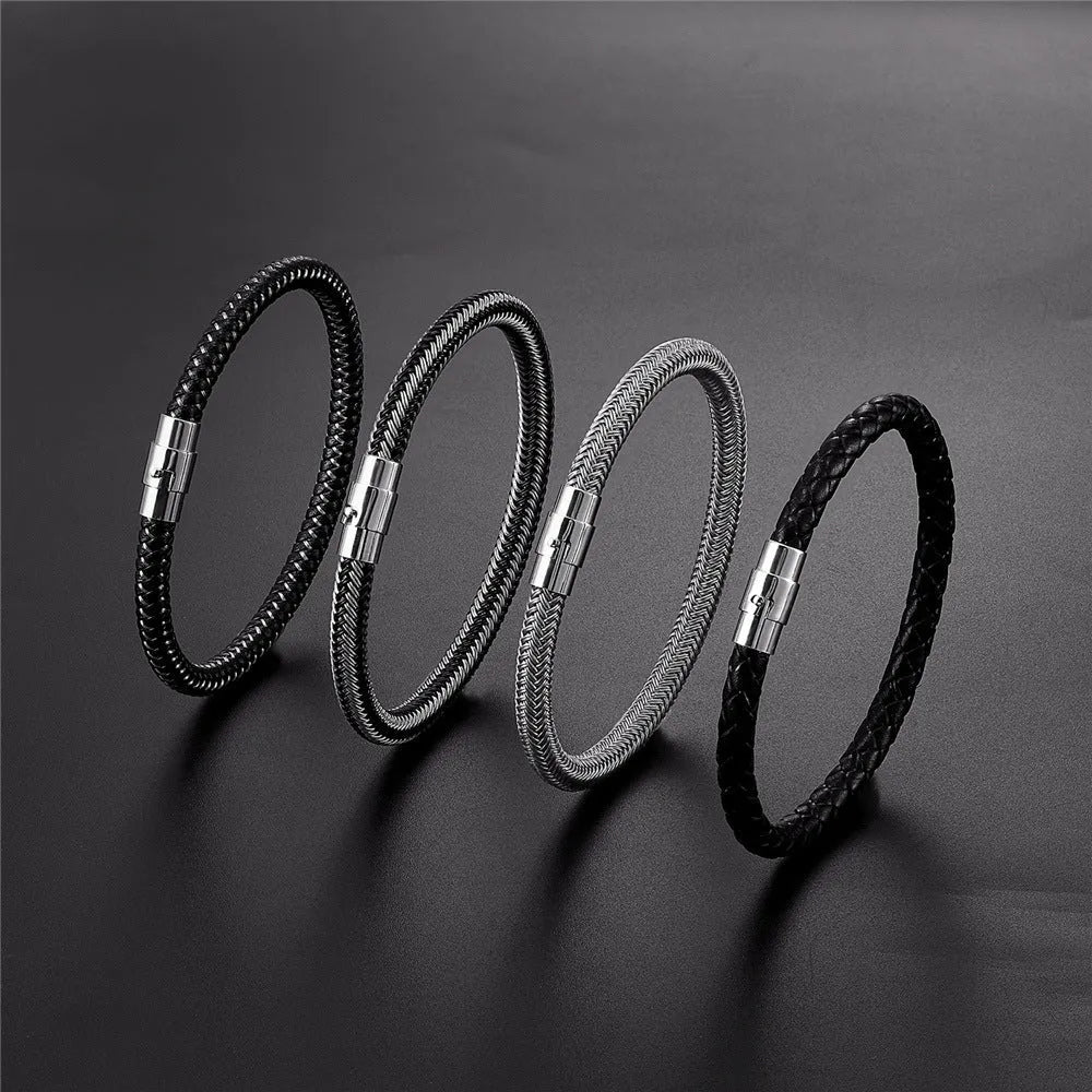 Geometric line design titanium steel bracelet with magnetic clasp on a wrist, showing adjustable sizing.