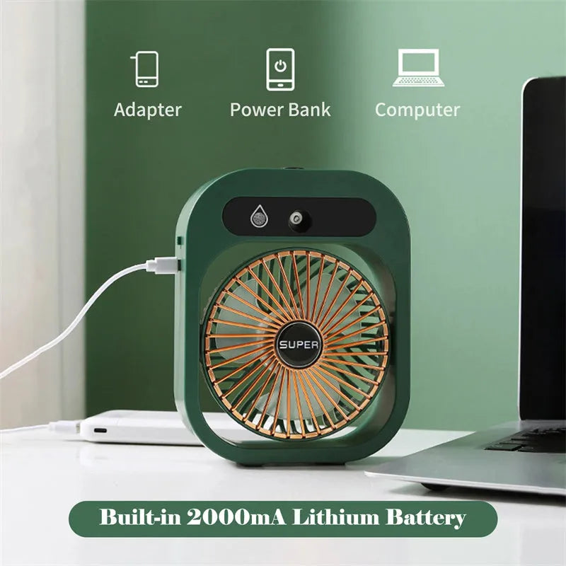 Green and white USB portable desk misting fan with humidifier function and adjustable wind direction