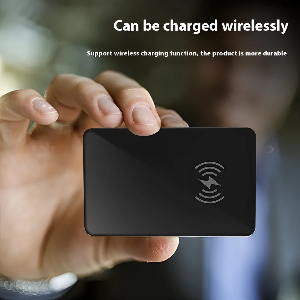 Black pet tracking card with wireless charging and NFC functionality