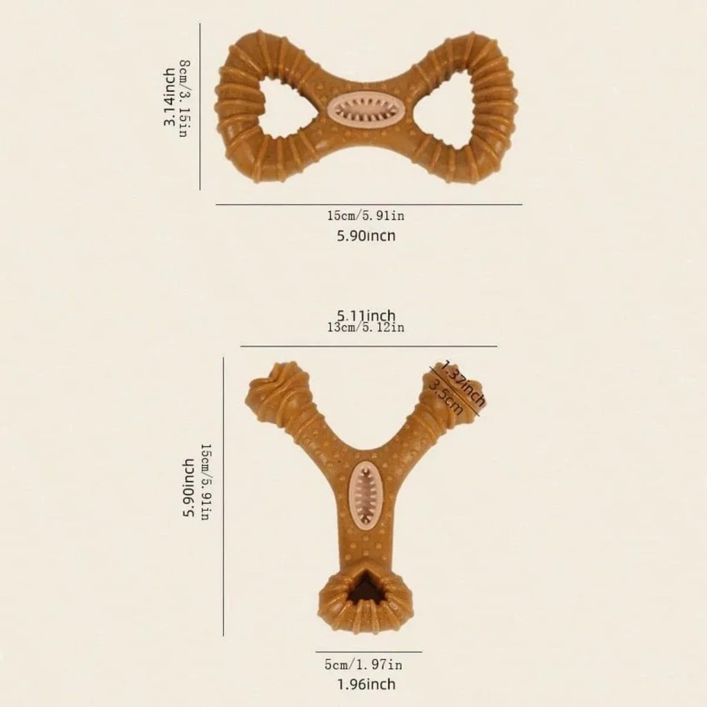 Durable dog chew toy bone with textured surface for teeth cleaning, shown in 8-shape and Y-shape designs
