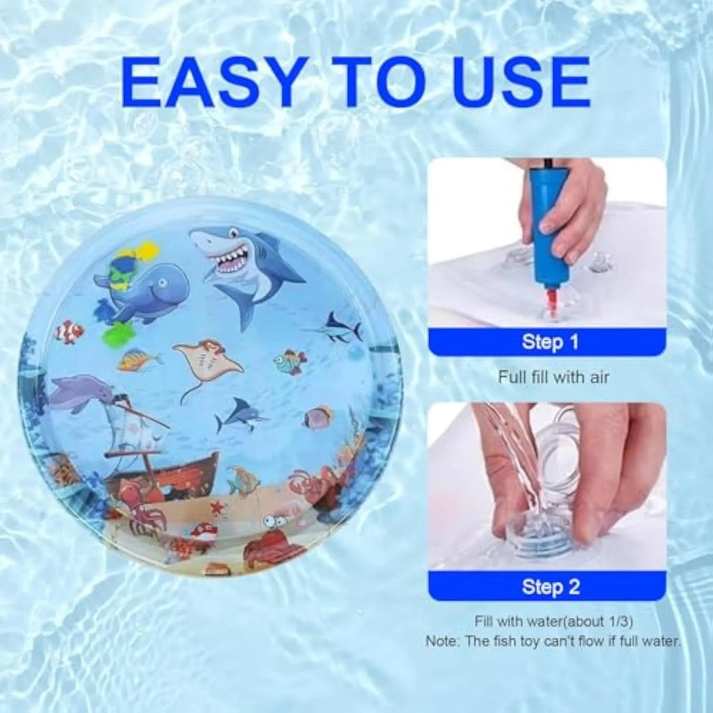 Blue 90cm diameter cat water playmat on floor with floating fish toys inside, shown with an inflator.