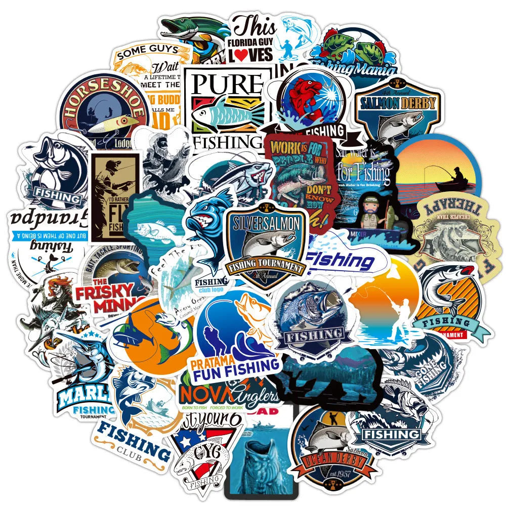 Pack of 50 fishing angling decorative stickers adhesive vinyl 5-8cm colour options WZ0335 WZ01039