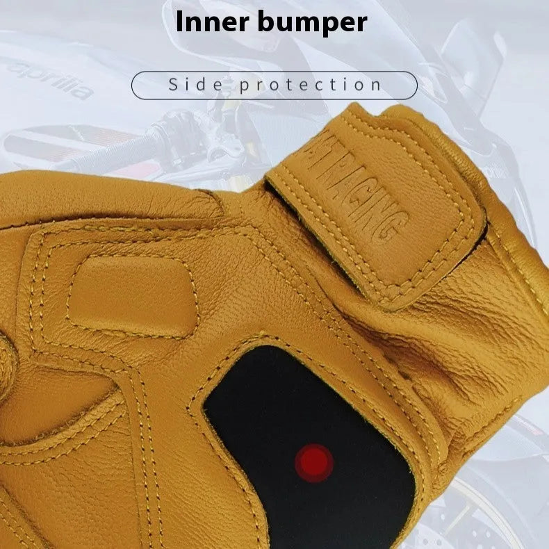 Yellow sheepskin motorbike gloves with touch screen fingertips on a neutral background