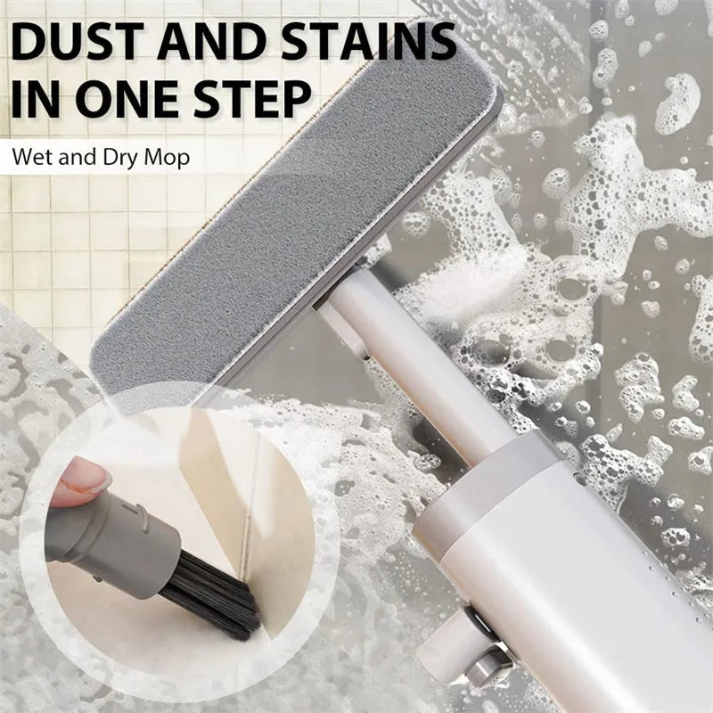 Rotatable self-squeeze mini flat mop with crevice brush and microfiber pads for floor cleaning