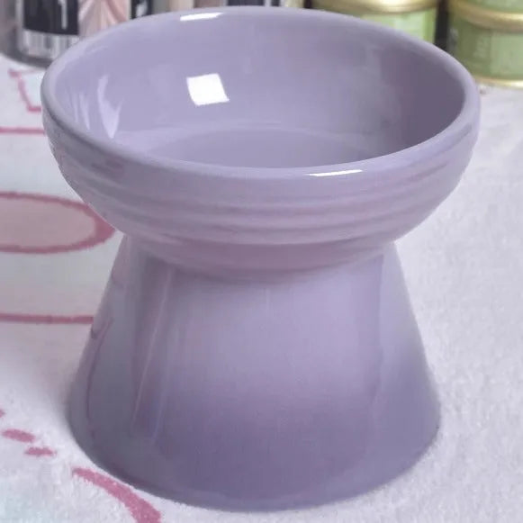 White ceramic pet bowl with a high foot base and wide, shallow eating area for dogs and cats