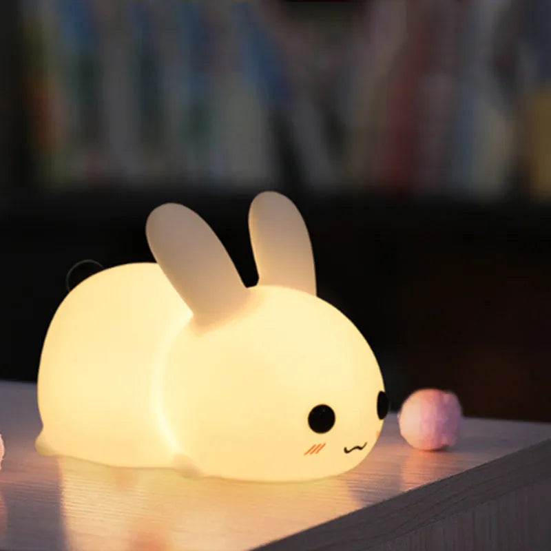 Colorful rabbit silicone LED night light in white with touch switch and double colour light modes