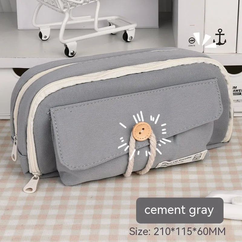 Canvas button pencil case in green, beige, blue or grey with capacity for 80 pens