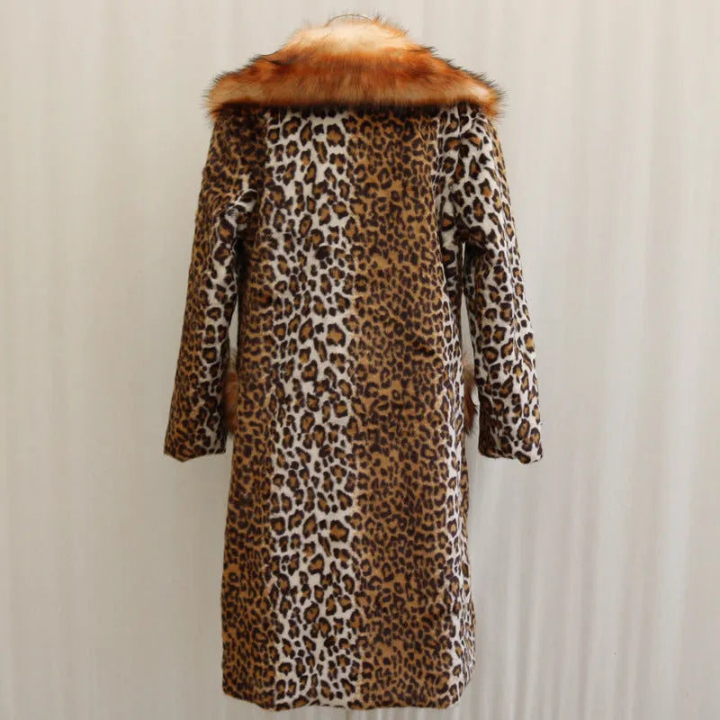 Women's long leopard print artificial fur jacket on a hanger, showing regular sleeves and full length.