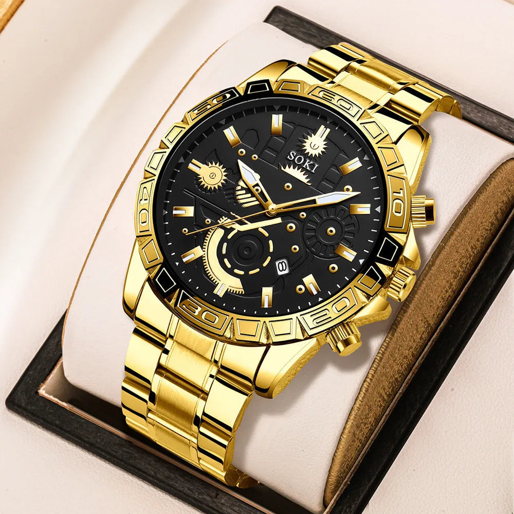 Gold men's business quartz watch with stainless steel strap and calendar on display