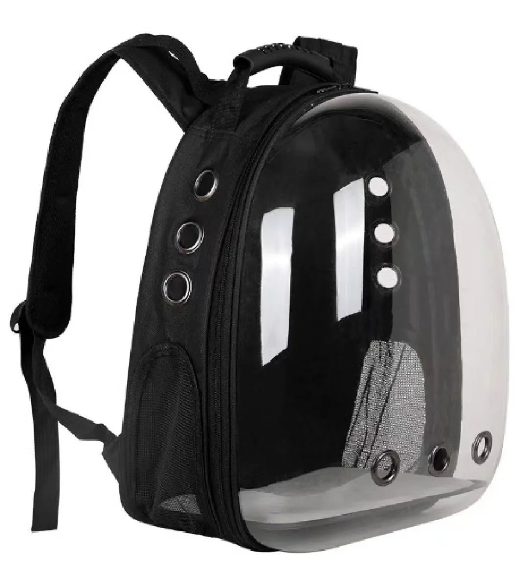 Astronaut-shaped grey cat carrier bag with side opening and medium capacity.