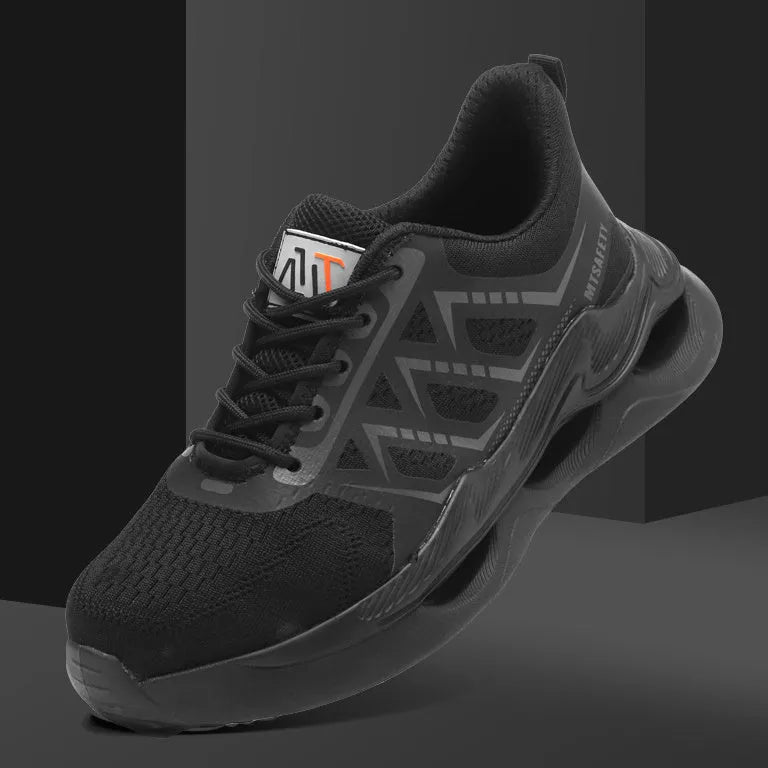 Black steel toe cap safety shoes with flat knitted uppers and front lace-up closure