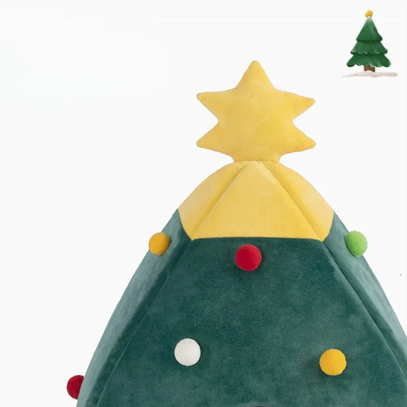 Christmas tree styled cave pet bed with plush teddy fabric and detachable cover in three size options