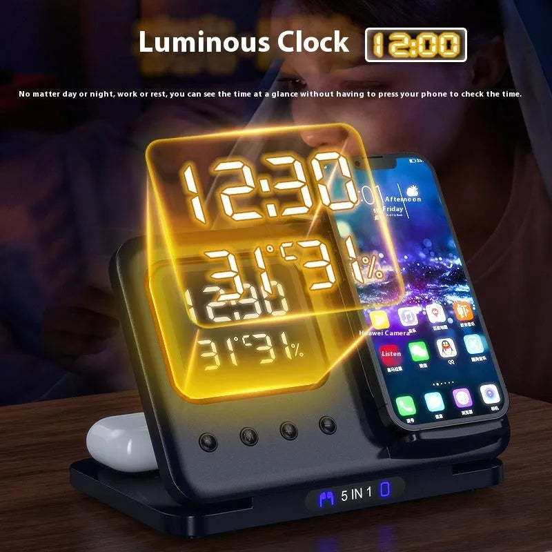 Black 15W wireless charging dock station with digital clock display charging a phone and watch