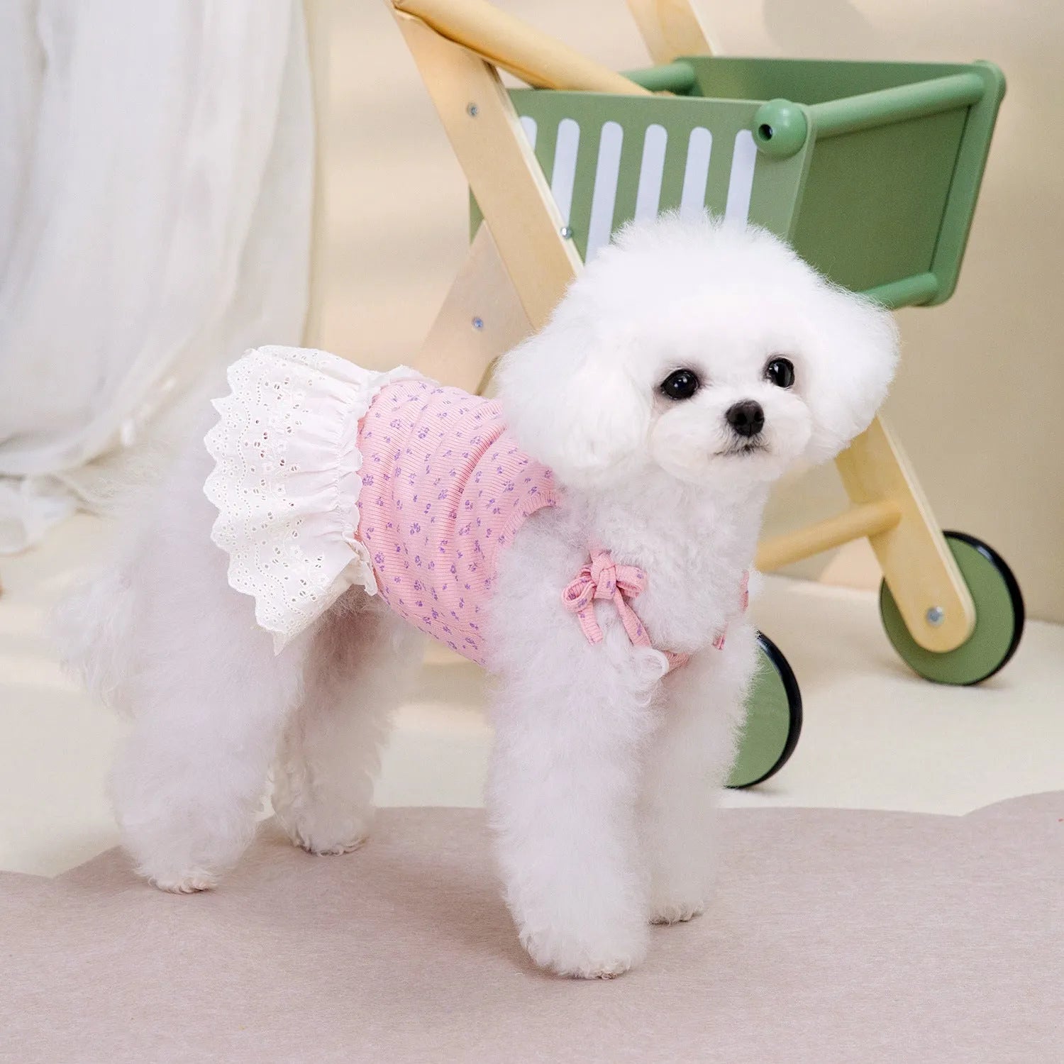 Cotton princess style pet clothing for mother dogs in beige, pink, and light purple, available in sizes S to XXL