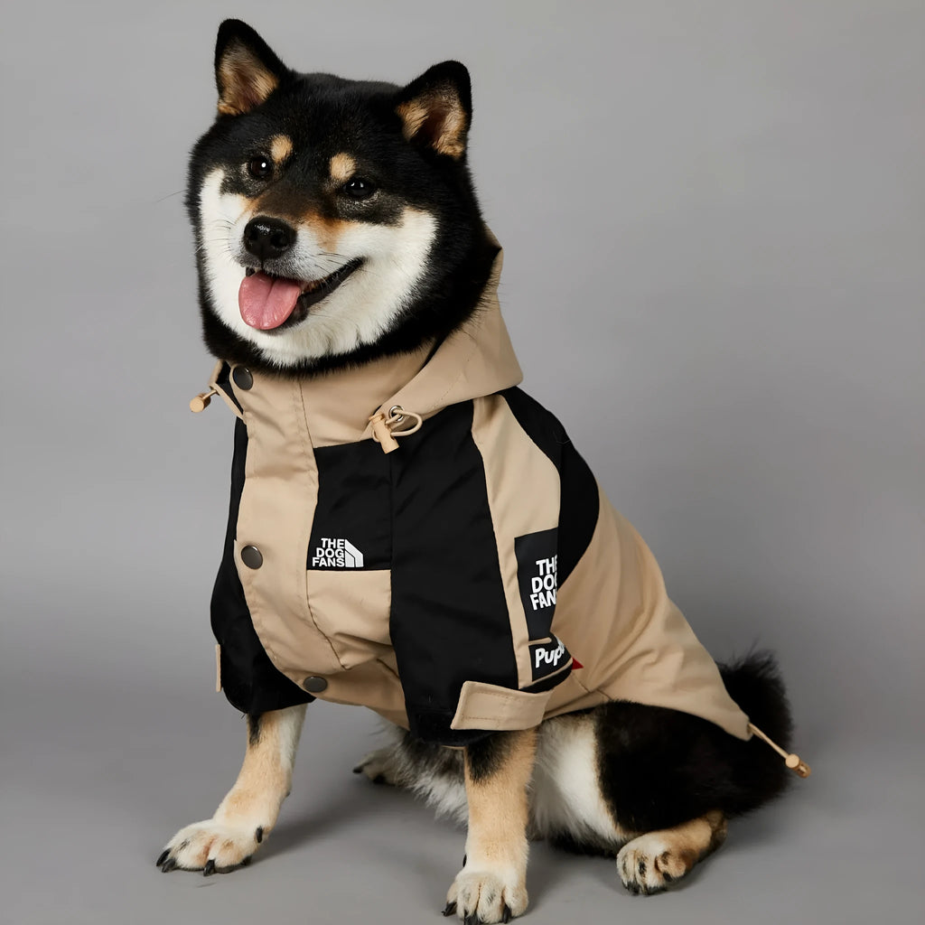 Khaki coloured polyester dog shell jacket laid flat, showing simple coat design for sizes S to 5XL.