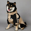 Khaki coloured polyester dog shell jacket laid flat, showing simple coat design for sizes S to 5XL.