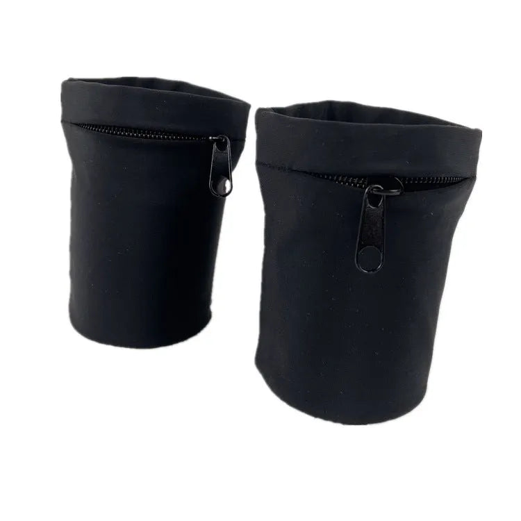 Black wrist bag armband sleeve with adjustable strap, shown holding a mobile phone, dimensions 10x10.5cm.