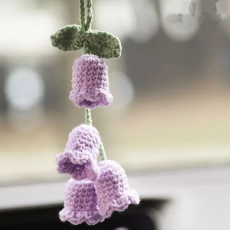 Green and white knitted wool car plant decoration with basin base and hanging rope