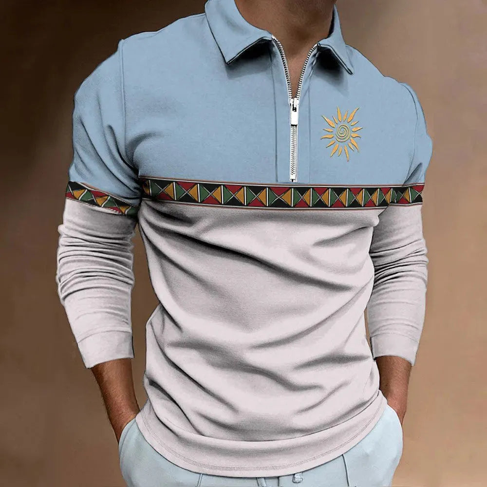 Men's retro colour print long sleeve golf t-shirt with loose fit and zipper decorations
