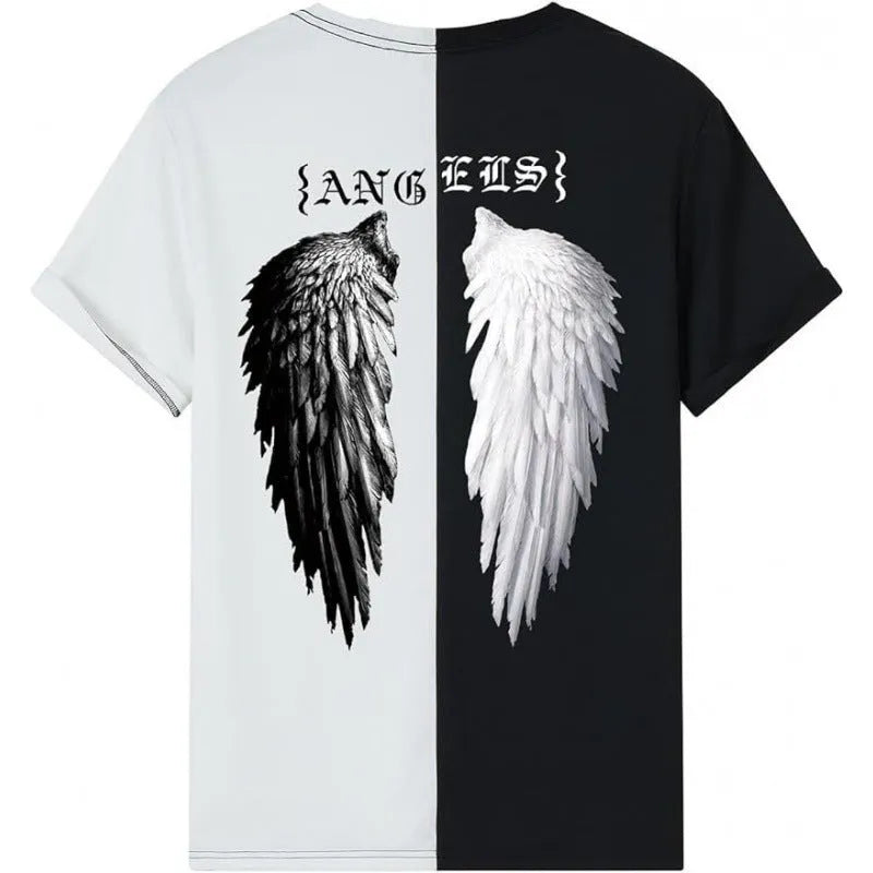 Men's short-sleeved casual T-shirt with a digital printed pattern, made from polyester fabric.