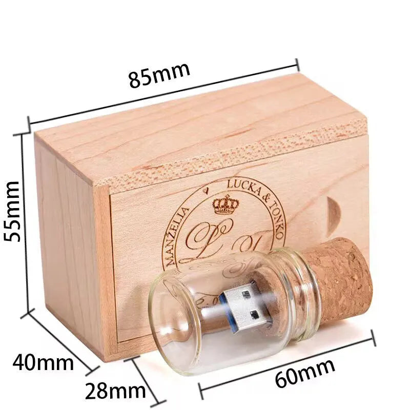 Wooden wish drift bottle shaped USB flash drive with transparent casing showing 60mm length.