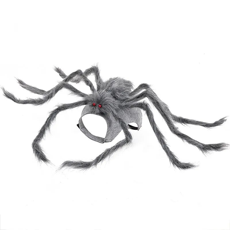 A grey spider costume for a dog or cat, showing the Halloween pet clothing.